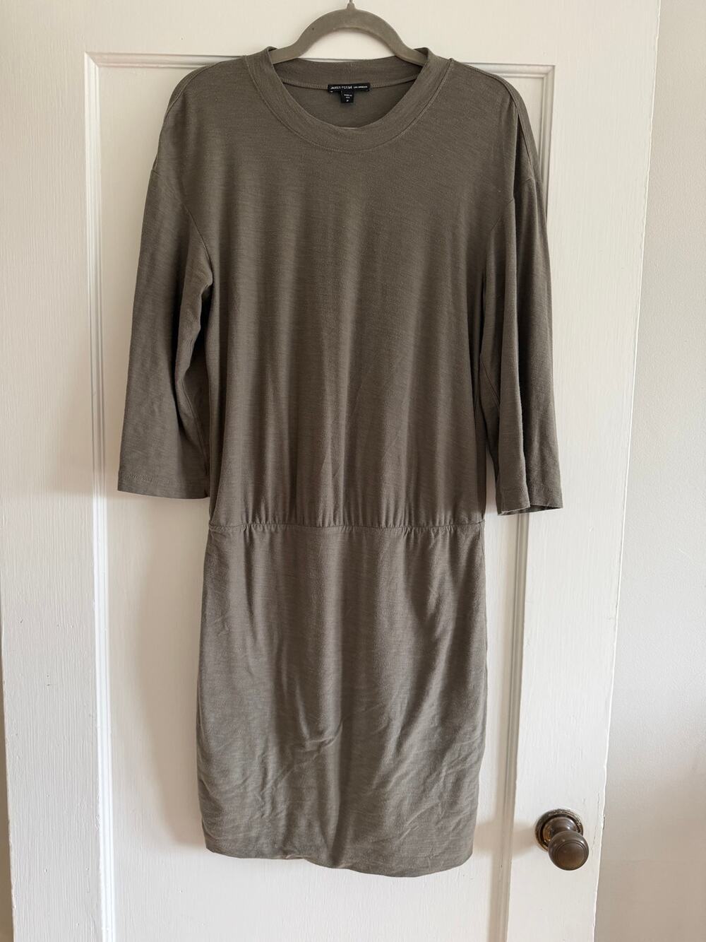 James Perse Cotton Jersey Crew Neck Blouson Dress Olive Green - Size 2 / M